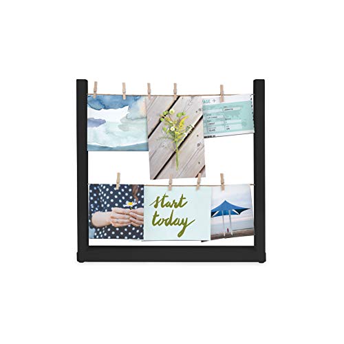 Umbra Hangit Collagen Fotorahmen, Tisch-Bilderrahmen mit 9 Wäscheklammern, ideal für Fotos, Bilder, Postkarten und Mehr, Schwarz/ Holz von Umbra