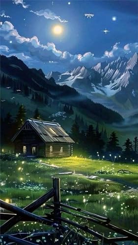 5D Diamond Art Painting,House Field Moon Diamond Painting Kits for Adults,DIY Round Full Drill Canvas Embroidery Cross Stitch,Diamond Arts Crafts Painting Pictures for Home Wall Decor 50x110cm von Umfarvt