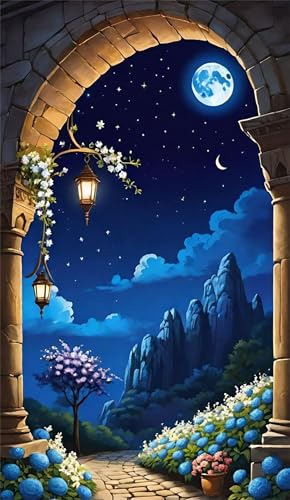 Umfarvt 5D Diamond Painting Kit,Mountains Moon Plants Diamant Painting Bilder Kit für Erwachsene,DIY Round Full Drill Strass Stickerei Leinwand Painting Malen nach Zahlen Set für Home Décor 50x110cm von Umfarvt