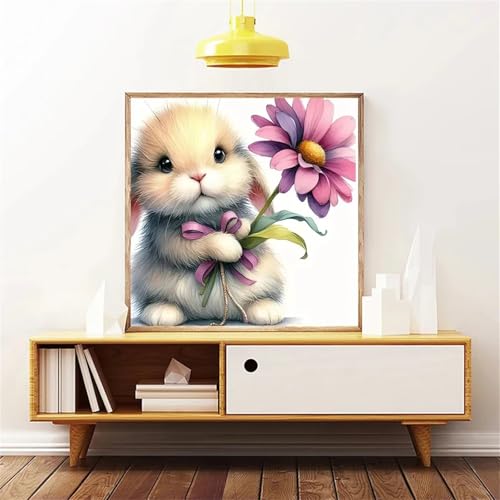 Umfarvt 5D Kaninchen Blumen Diamond Painting Erwachsene,Diamond Painting Bilder für Anfänger,DIY Round Drill Voller Kristall Strass Kreuzstich Malen Nach Zahlen Kits für Zuhause Dekor 30x30cm von Umfarvt