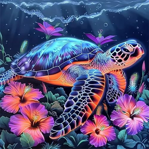 Umfarvt 5D Schildkrötenblume Diamond Painting Erwachsene,Diamond Painting Bilder für Anfänger,DIY Square Drill Voller Kristall Strass Kreuzstich Malen Nach Zahlen Kits für Zuhause Dekor 50x50cm von Umfarvt