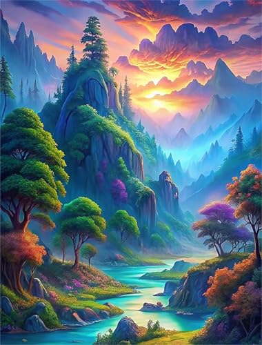 Umfarvt Blick Berge Sonnenuntergang Diamond Painting Erwachsene set DIY Square Vollbohrer 70x90cm,5D Diamant Painting Bilder für Erwachsene,Strass Stickerei Leinwand painting set,Wanddeko Geschenk von Umfarvt