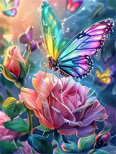 Umfarvt Bunte Schmetterlingsrose Diamond Painting Erwachsene set DIY Round Vollbohrer 50x70cm,5D Diamant Painting Bilder für Erwachsene,Strass Stickerei Leinwand painting set,Wanddeko Geschenk von Umfarvt