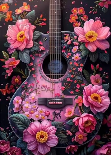 Umfarvt Diamond Painting Gitarre Blume Set für Erwachsene DIY Square Strass 80x100cm,5D diamond painting bilder Diamant Kunst Malerei Stickerei Kreuzstich Set,Wohnzimmer Wanddeko von Umfarvt