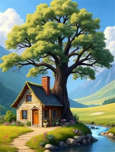Umfarvt Diamond Painting Haus Bach Baum Set für Erwachsene DIY Round Strass 90x110cm,5D diamond painting bilder Diamant Kunst Malerei Stickerei Kreuzstich Set,Wohnzimmer Wanddeko von Umfarvt