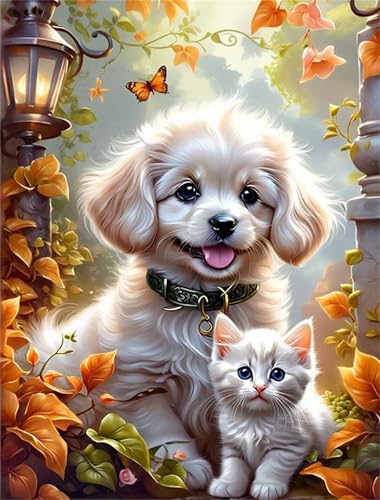 Umfarvt Diamond Painting Herbst-Gartenhund Set für Erwachsene DIY Round Strass 30x40cm,5D diamond painting bilder Diamant Kunst Malerei Stickerei Kreuzstich Set,Wohnzimmer Wanddeko von Umfarvt