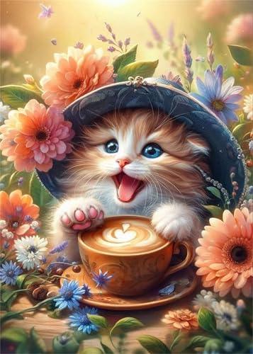Umfarvt Diamond Painting Hut Kaffee Katze Set für Erwachsene DIY Square Strass 30x40cm,5D diamond painting bilder Diamant Kunst Malerei Stickerei Kreuzstich Set,Wohnzimmer Wanddeko von Umfarvt