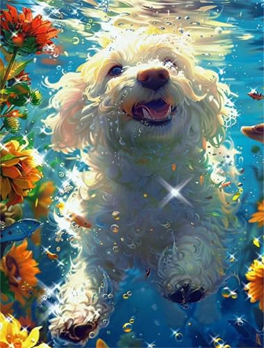 Umfarvt Diamond Painting Schwimmender Hund Set für Erwachsene DIY Square Strass 70x90cm,5D diamond painting bilder Diamant Kunst Malerei Stickerei Kreuzstich Set,Wohnzimmer Wanddeko von Umfarvt