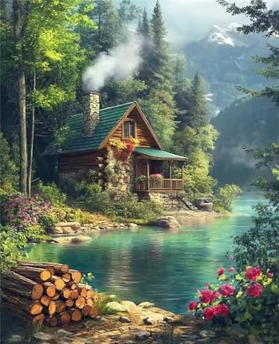 Umfarvt Diamond Painting Woods House Fluss Set für Erwachsene DIY Round Strass 50x70cm,5D diamond painting bilder Diamant Kunst Malerei Stickerei Kreuzstich Set,Wohnzimmer Wanddeko von Umfarvt