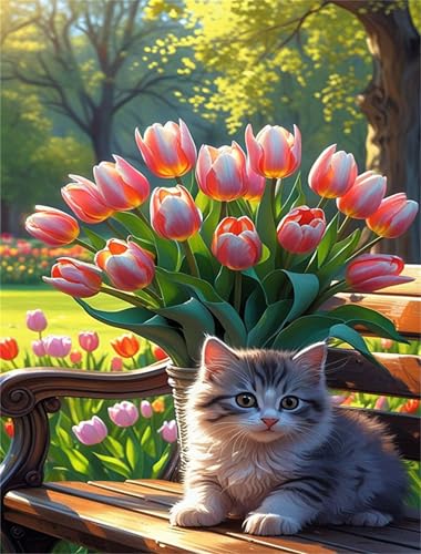 Umfarvt Garten Tulpe Katze Diamond Painting Erwachsene set DIY Square Vollbohrer 80x100cm,5D Diamant Painting Bilder für Erwachsene,Strass Stickerei Leinwand painting set,Wanddeko Geschenk von Umfarvt