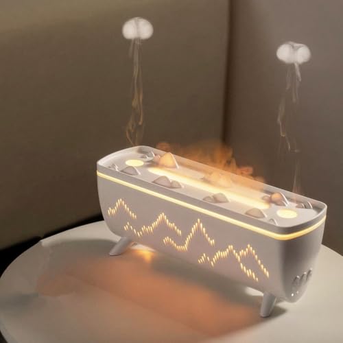 Umikk Flammen Quallen Aroma Diffuser, 320mL Luftbefeuchter Schlafzimmer, Luft-Aroma-Diffusor-Luftbefeuchter Und Simulierter Flamme/Sprühfunktion in Quallenform für Duftöle (Weiß) von Umikk