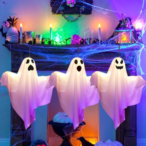 Umikk Halloween Glühen Hängende Geister Mit LED Lichtern - 3 Stück Leuchtende Deko für Innen Außen Garten Party Dekoration von Umikk