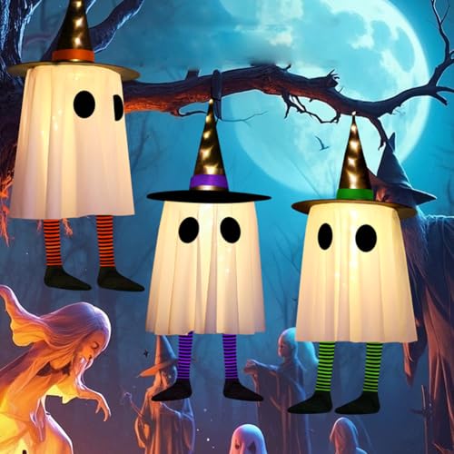 Umikk Halloween Glühen Hängende Geister Mit LED Lichtern -LED Hängende Geister 50CM, 3 Stück Leuchtende Deko für Innen Außen Garten Terrasse, Rasen, Vorgarten, Party Dekoration (Stil 2) von Umikk