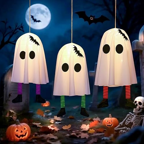 Umikk Halloween Glühen Hängende Geister Mit LED Lichtern -LED Hängende Geister 50CM, 3 Stück Leuchtende Deko für Innen Außen Garten Terrasse, Rasen, Vorgarten, Party Dekoration (Stil 3) von Umikk