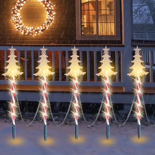 Umikk Solar Weihnachtsdeko Aussen,Weihnachtsdeko Aussen Solar Wetterfest Tannenbaum,5 Stück Weihnachtssolarlichter mit LED und 8 Beleuchtungsmodi,Weihnachtsdeko Schneeflocken Solarlampen von Umikk
