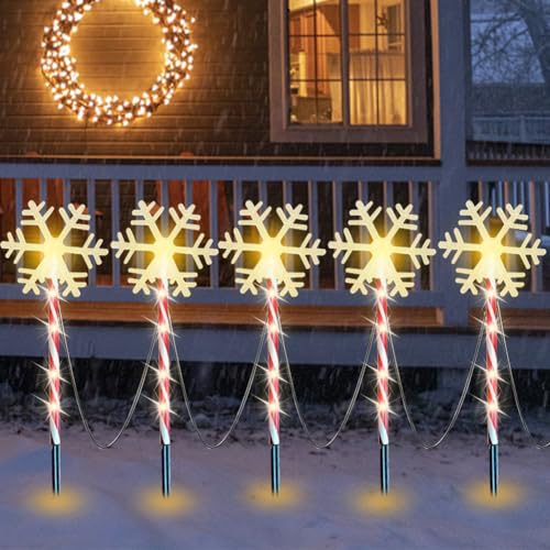 Umikk Solar Weihnachtsdeko Aussen,Weihnachtsdeko Aussen Solar Wetterfest Tannenbaum,5 Stück Weihnachtssolarlichter mit LED und 8 Beleuchtungsmodi,Weihnachtsdeko Schneeflocken Solarlampen von Umikk