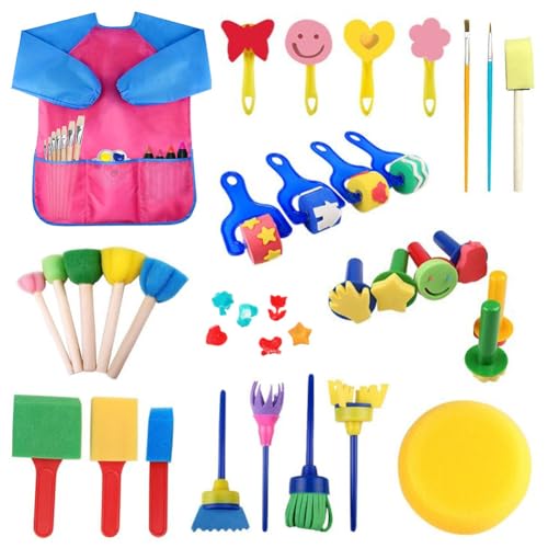 31 Stück Waschbares Fingerfarben Set, DIY Malerei Schwamm Pinsel Set Kinder mit Schürze, Schwammpunkt Pinsel Schaumstoffpinsel ZeichnungWerkzeuge für Handwerk Ostern Geschenk Kinder von Umllpet