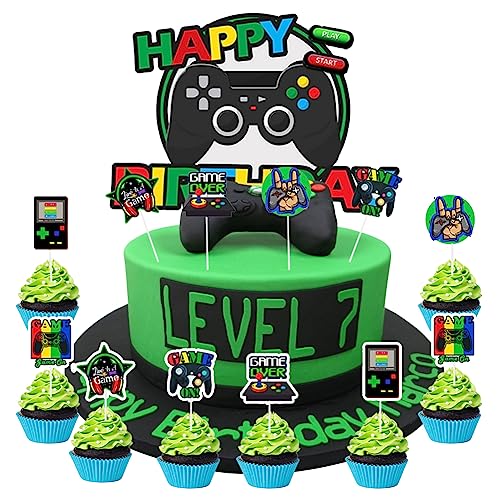 Umllpet Tortendeko Geburtstag Junge, Videospiel Torten Deko Kinder, Gaming Kuchen Deko Cake Topper Happy Birthday Gamer Deko für Torte, Kuchendeko Kindergeburtstag, Spiel Thema Party Muffin Topper von Umllpet