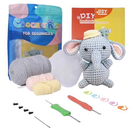 Umootek Elefanten-Häkelset für Anfänger, Tier-Strick-Häkelmaterial-Kit mit Schritt-für-Schritt-Video-Tutorials und Garnen, Haken, Zubehör, handgefertigtes DIY-Wollstrickset von Umootek