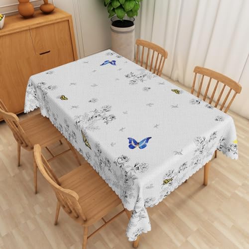 Umpoo Tischdecke aus Leinen, Motiv: Naturblumen, 152,4 x 213,3 cm, Retro-Grau, bunt, Schmetterlinge, ländlich, rechteckig, Tischdecken für Zuhause, Esszimmer, Küche, Couchtisch, drinnen und draußen von Umpoo