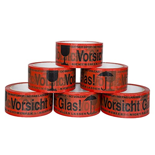 (0,02EUR/m) 6 Rollen Klebeband rot 66m Packband Paketband 'Vorsicht Glas' von Unbekannt