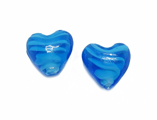 2 Glasperlen Herz Hellblau ca. 2cm mit Farbwirbel Weiß, Perlen basteln, fädeln von Unbekannt