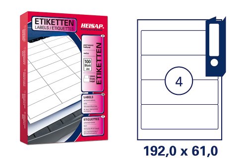 400 HEISAP Druckeretiketten Ordnerrücken 190 x 61 Weiß permanent selbstklebend Etiketten 100 Bogen A4 HEI025 von Unbekannt