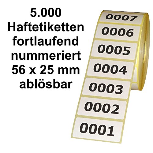 5.000 Etiketten/Aufkleber auf Rolle - ABLÖSBAR - fortlaufend nummeriert - 56 x 25 mm von Unbekannt