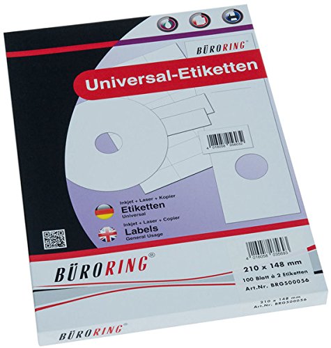 Büroring Etiketten A4/200 Blatt 210x148mm, Weiß, Selbstklebend, Universal, Lösungsmittelfrei, Farblaser, Inkjet, Kopierer, 100 Blatt/Packung Büroring Etiketten A4/200 Blatt 210x148mm, Weiß, Selbstklebend, Universal, Lösungsmittelfrei, Farblaser, Inkjet, Kopierer, 100 Blatt/Packung von Unbekannt