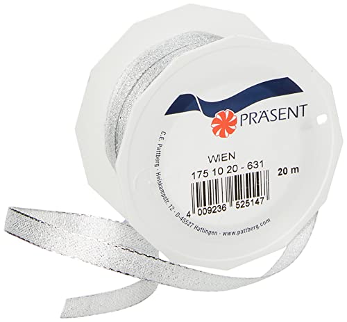 Präsent C.E. Pattberg Wien Geschenkband Silber, 20 m Geschenkband zum Einpacken, 10 mm Breite, Zubehör zum Dekorieren & Basteln, Dekoband für Geschenke von PRÄSENT