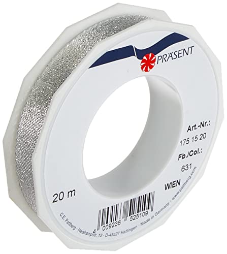 Präsent C.E. Pattberg Wien Geschenkband Silber, 20 m Geschenkband zum Einpacken, 15 mm Breite, Zubehör zum Dekorieren & Basteln, Dekoband für Geschenke von Präsent
