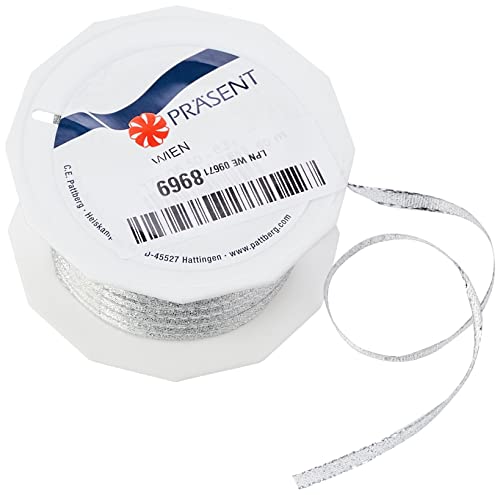 Präsent C.E. Pattberg Wien Geschenkband Silber, 50 m Geschenkband zum Einpacken, 5 mm Breite, Zubehör zum Dekorieren & Basteln, Dekoband für Geschenke von PRÄSENT