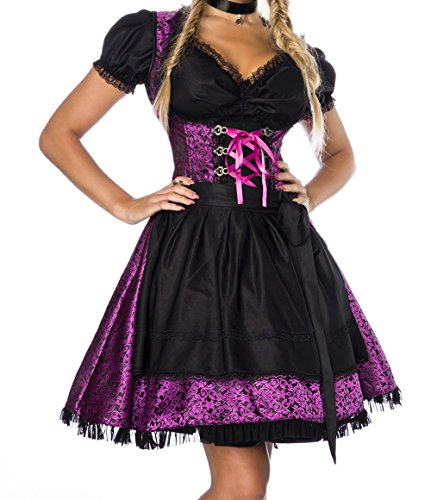 Dirndl Kleid Kostüm mit Bluse und Schürze aus Jacquard Stoff und Spitze Spitzenstoff Oktoberfest Dirndl lila/schwarz L Oberteil dunkel von Unbekannt