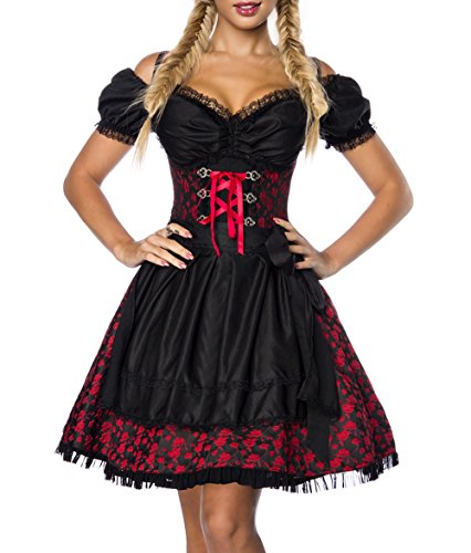 Dirndl Kleid Kostüm mit Bluse und Schürze aus Jacquard Stoff und Spitze Spitzenstoff Oktoberfest Dirndl rot/schwarz XL Oberteil dunkel von Unbekannt