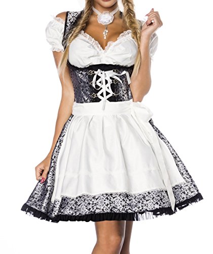 Dirndl Kleid Kostüm mit Bluse und Schürze aus Jacquard Stoff und Spitze Spitzenstoff Oktoberfest Dirndl silber/weiß/schwarz L Oberteil dunkel von Unbekannt