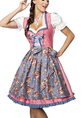 Dirndl Kleid Kostüm mit Herzausschnitt und Schnürung und Schürze aus Denim Stoff und Spitze Spitzenstoff Oktoberfest Dirndl blau/rosa/weiß XL von Unbekannt