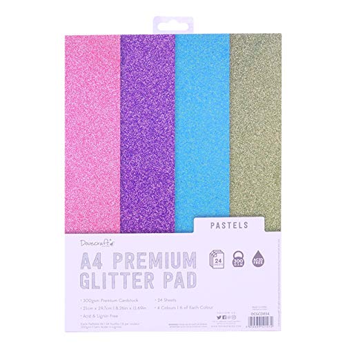 Dovecraft DCGCD034 Glitter A4 Pad-Pastels – 24 Sheets – Non-shed – 300GSM – 4 Colours – Pink, Purple, Blue & Green-for Scrapbooking, Card Making, Home Décor, Party Crafts, Multifahrben, 1 von Dovecraft