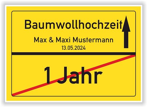 Geschenkidee zur Baumwollhochzeit - 1 Jahr Verheiratet - Baumwoll Hochzeit - Ortsschild Bild Geschenk zum Hochzeitstag - Jubiläum mit Namen und Datum von Druck-Geschenk