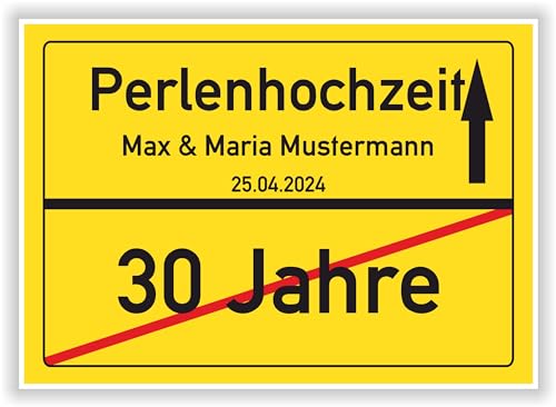 Geschenkidee zur Perlenhochzeit - 30 Jahre Verheiratet - Perlen Hochzeit - Ortsschild Bild Geschenk zum Hochzeitstag - Jubiläum mit Namen und Datum von Druck-Geschenk