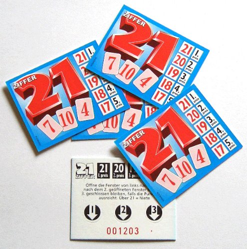 Gewinnspiel "Ziffer 21" - 1000 Lose Knibbelkarten für Kneipen, Vereine, Feste, Party, Geburtstage Gewinnspiel "Ziffer 21" - 1000 Lose Knibbelkarten für Kneipen, Vereine, Feste, Party, Geburtstage von Unbekannt