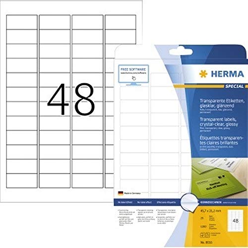 HERMA 8016 Wetterfeste Folien-Etiketten DIN A4 transparent (45,7 x 21,2 mm, 25 Blatt, Polyesterfolie, glänzend) selbstklebend, bedruckbar, permanent haftende Klebefolie, 1.200 Klebeetiketten von Unbekannt