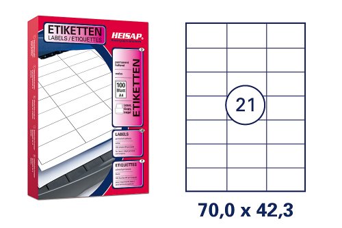Heisap Etiketten 100 Blatt A4 weiß permanent klebend, 70 x 42,3 mm Heisap Etiketten 100 Blatt A4 weiß permanent klebend, 70 x 42,3 mm von Unbekannt