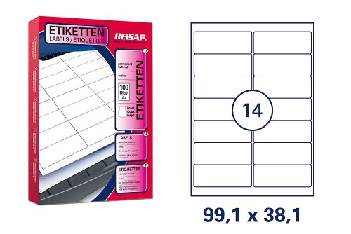 Heisap Etiketten 100 Blatt A4 weiß permanent klebend, 99,1 x 38,1 mm Heisap Etiketten 100 Blatt A4 weiß permanent klebend, 99,1 x 38,1 mm von Unbekannt