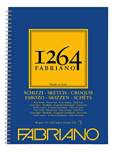 Honsell 19100635 - Fabriano Schizzi Skizzenblock 1264 mit Längsspirale, 90 g/qm, DIN A4, 120 Blatt Skizzenpapier in elfenbeinweiß, säurefrei, leicht gekörnt, für alle Trockentechniken von Fabriano