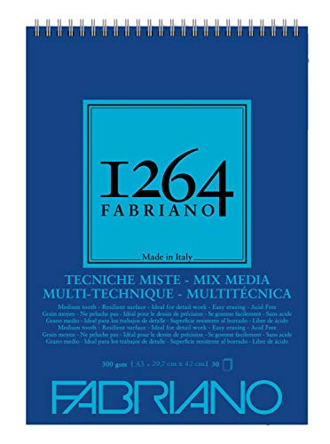 Fabriano Honsell 19100644 - Fabriano Mix Media Spiralblock 1264, 300 g/qm, DIN A3, 30 Blatt naturweißes, mittelkörniges Papier, säurefrei, für alle vielfältige Techniken geeignet von Fabriano