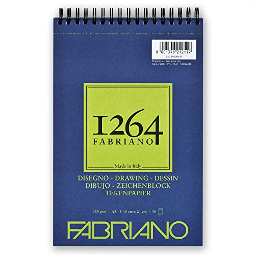 Honsell 19100645 - Fabriano Disegno Zeichenblock mit Spiralbindung 1264, 180 g/qm, DIN A5, 30 Blatt naturweißes, satiniertes Papier mit mittlerer Körnung, säurefrei, für alle Trockentechniken von Fabriano