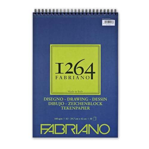 Fabriano Honsell 19100647 - Fabriano Disegno Zeichenblock mit Spiralbindung 1264, 180 g/qm, DIN A3, 50 Blatt naturweißes, satiniertes Papier mit mittlerer Körnung, säurefrei, für alle Trockentechniken von Fabriano