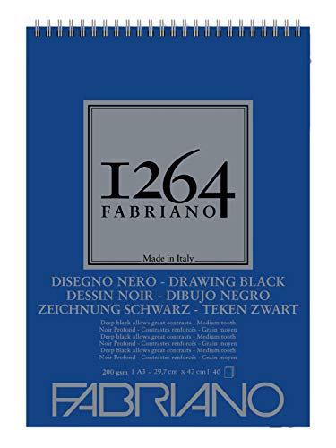 Honsell 19100651 - Fabriano Disegno Nero Zeichenblock mit Spiralbindung 1264, 200 g/qm, DIN A3, 40 Blatt schwarzes, satiniertes Papier mit mittlerer Körnung, säurefrei, für alle Trockentechniken von Fabriano