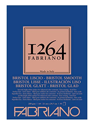 Honsell 19100654 - Fabriano Bristol-Block 1264, 4-fach geleimt, 200 g/qm, DIN A4, 50 Blatt weißes, extra glattes Papier, säurefrei, ideal für alle Trockentechniken und leichte Nasstechniken von Fabriano