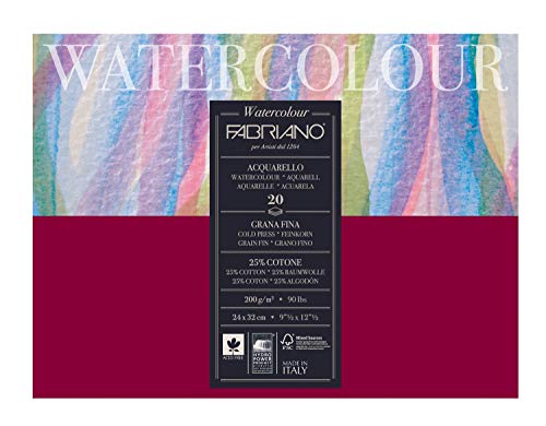 Honsell 72612432 - Fabriano Watercolour Aquarellkarton, 200 g/m², 24 x 32 cm, 20 Blatt, Block 4 fach geleimt, naturweiß, Feinkorn, säurefrei, samtartige Oberfläche von Fabriano